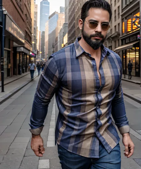 (best quality,4k,8k,highres,masterpiece:1.2), ultra-detailed, realistic:1.37, HDR, studio lighting, professional, vivid colors, bokeh, portraits, man in his late 30s, bearded, wearing sunglasses, wearing formal attire with checkered shirt, walking on the s...