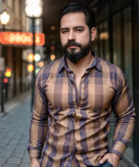 (best quality,4k,8k,highres,masterpiece:1.2), ultra-detailed, realistic:1.37, HDR, studio lighting, professional, vivid colors, bokeh, portraits, man in his late 30s, bearded, wearing sunglasses, wearing formal attire with checkered shirt, walking on the s...