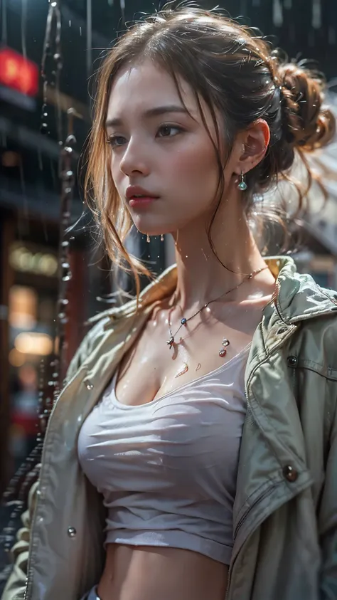 ((Low - Angle撮影:1.5)), (Photoreal:1.3, 8K, highest quality:1.3, masterpiece, ultra high resolution), ((Typhoon heavy rain)), Highly detailed skin and facial textures:1.3, perfect dynamic composition:1.2, (In front of the supermarket at night, modern city, ...