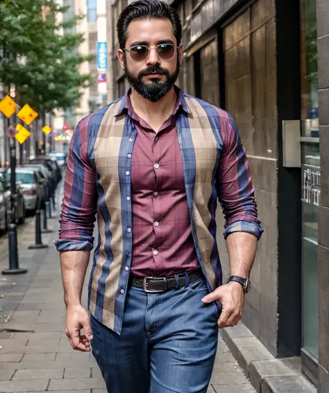 (best quality,4k,8k,highres,masterpiece:1.2), ultra-detailed, realistic:1.37, HDR, studio lighting, professional, vivid colors, bokeh, portraits, man in his late 30s, bearded, wearing sunglasses, wearing formal attire with checkered shirt, walking on the s...