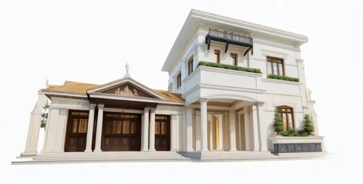 High quality neoclassical architectural design (best quality 8k), high resolution (masterpiece: 1.2), extremely detailed, realistic, roses, trees, forests, grass, stone benches, dahlia Red herb, koi fish pond, beautiful, luxurious night sky, wide viewing a...