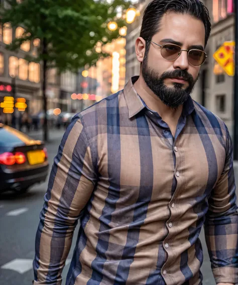 (best quality,4k,8k,highres,masterpiece:1.2), ultra-detailed, realistic:1.37, HDR, studio lighting, professional, vivid colors, bokeh, portraits, man in his late 30s, bearded, wearing sunglasses, wearing formal attire with checkered shirt, walking on the s...