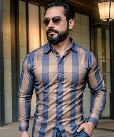 (best quality,4k,8k,highres,masterpiece:1.2), ultra-detailed, realistic:1.37, HDR, studio lighting, professional, vivid colors, bokeh, portraits, man in his late 30s, bearded, wearing sunglasses, wearing formal attire with checkered shirt, walking on the s...