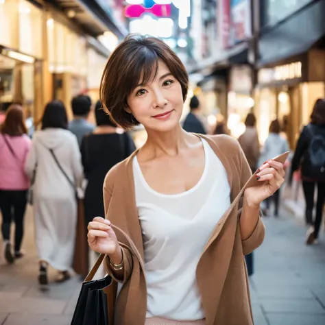 Half-mature women born in their 50s、Short hair, brown、The eyes are double-lidded and have clear wrinkles at the corners of the eyeature woman&#39;s whole body、Wear clothes that clearly show your body lines.、The background is a woman shopping alone in a fas...