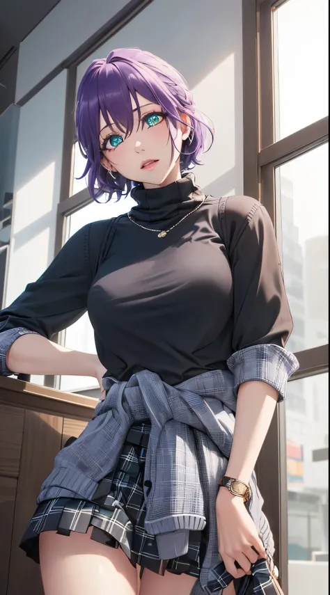 1girl, solo, short hair, purple hair,glowing green eyes, 
BREAK ((clothes around waist, plaid, plaid skirt, , skirt, sweater, sweater around waist:1.5))
BREAK (masterpiece:1.2), best quality, high resolution, unity 8k wallpaper, (illustration:0.8), (beauti...