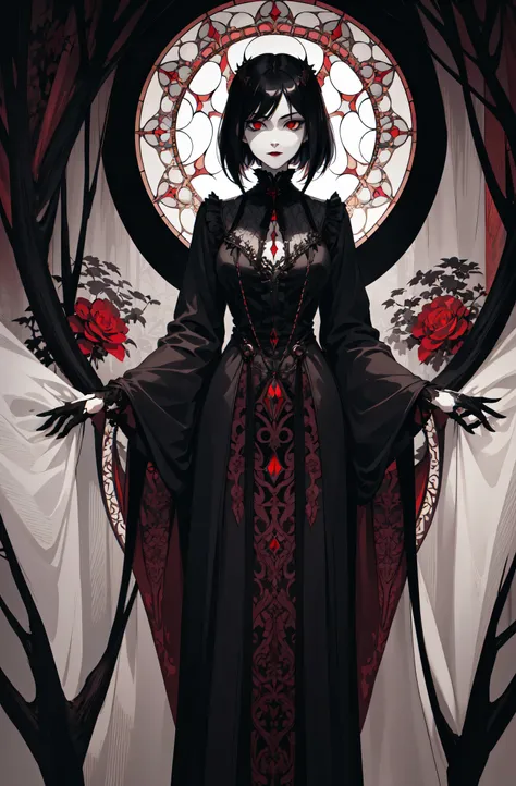 basic art nouveau，vampire girl，perfect face，young，（oval face），dark clothes，soft and sad face，exquisite，no wrinkles，gothic style，...