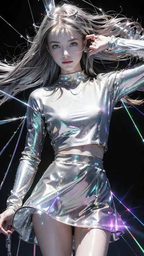 8K, ultra hd, masterpiece, 1 girl, (good face:1.4), detailed eyes, very long hair, impressive hairstyle, earings, necklace, small breasts, (glowing skirt outfit1.5), see-through, (silver laser outfit:1.5), Light-colored foundation brings out the skin, (in ...