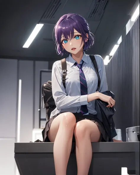 1girl, solo, short hair, purple hair,glowing green eyes, 
BREAK ((shirt and tie:1.5))
BREAK (masterpiece:1.2), best quality, high resolution, unity 8k wallpaper, (illustration:0.8), (beautiful detailed eyes:1.6), extremely detailed face, perfect lighting, ...