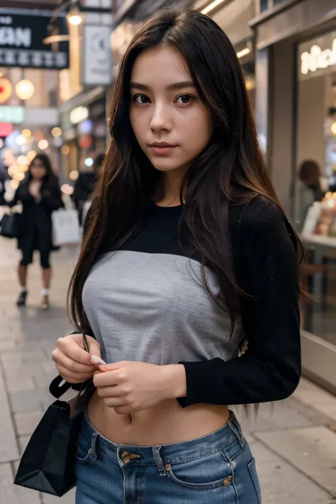 21yearold girl、long hair, black、The eyes are double-lidded and have clear wrinkles at the corners of the eyeature woman&#39;s whole body、Wear clothes that clearly show your body lines.、The background is a woman shopping alone in a fashionable downtown area...