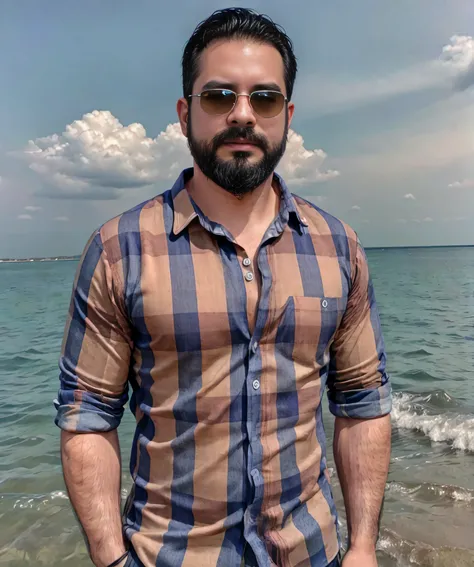 (best quality,4k,8k,highres,masterpiece:1.2), ultra-detailed, realistic:1.37, HDR, studio lighting, professional, vivid colors, bokeh, portraits, man in his late 30s, bearded, wearing sunglasses, wearing formal attire with checkered shirt, walking on the b...