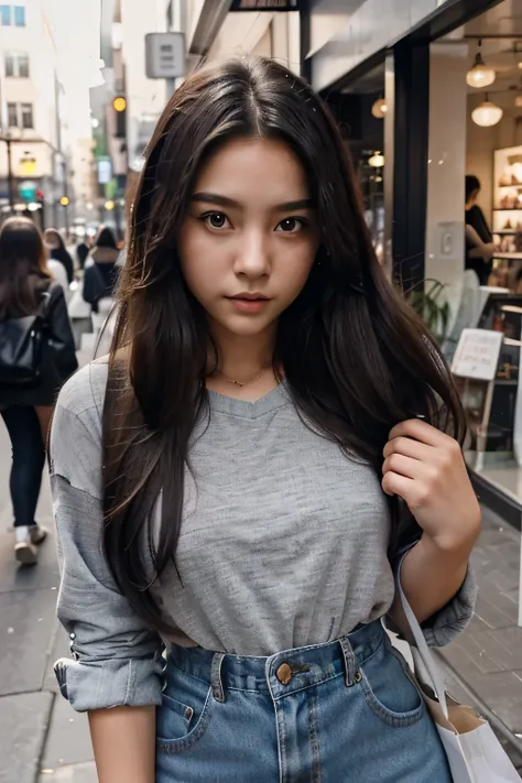 21yearold girl、long hair, black、The eyes are double-lidded and have clear wrinkles at the corners of the eyeature womans whole body、Wear clothes that clearly show your body lines.、The background is a woman shopping alone in a fashionable downtown area