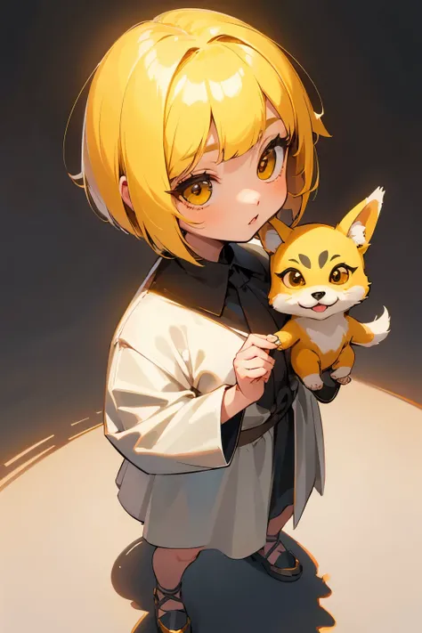 girl, dog character, dog style ear, cute, catoon style, chibi style, beautiful face, beautiful eye, high detailed pupil, double eyelid, high quality skin, yellow color hair, bob cut hair, white clothes, professional lighting, real shadow, masterpiece,