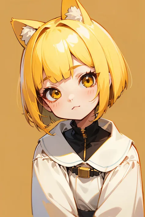 girl, dog character, dog style ear, cute, catoon style, chibi style, beautiful face, beautiful eye, high detailed pupil, double eyelid, high quality skin, yellow color hair, bob cut hair, white clothes, masterpiece,