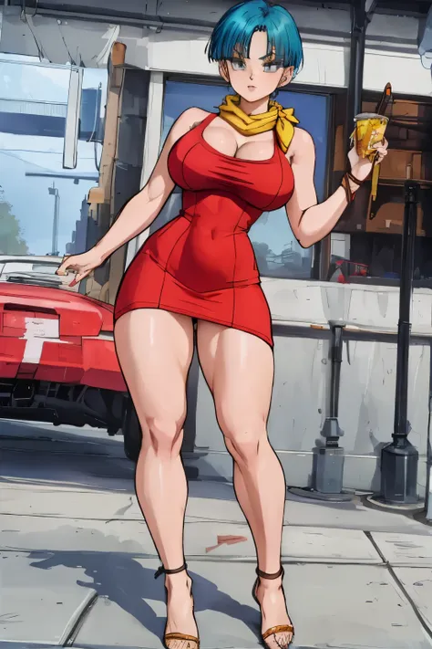 full body visto desde abajo ((cabello verde corto)).  (( anime bulma dragon ball z)) (( vestido rojo)) mujer 30 years old, ((cab...