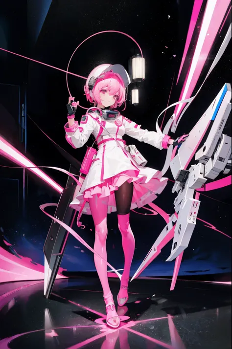 （masterpiece：1.3），（best quality：1.3），3d，8K，.1 girl，solo，pink hair，pink eyes，helmet，Full body female love，space suit，tights，Gloves，stand up，Q version