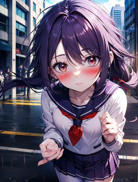 yuukikonno, Yuki Konno, hair band, long hair, pointed ears, purple hair,blush, embarrassing,(red eyes:1.5), (small breasts:1.2),high school girl uniform(Purple sailor suit),Purple pleated skirt,white tights,brown loafers,rain,cloudy,umbrella,evening,
break...