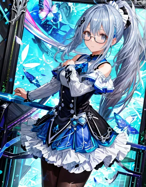 
1 girl、solo、(((Blue and silver hair、right ponytail)))、chest、look at the viewer、blush、smile、hair accessories、、Busty、whole body、pantyhose、、黒のpantyhose、exposed arms、太ももにバンドが付いたpantyhose、(((Glasses with cute frames)))