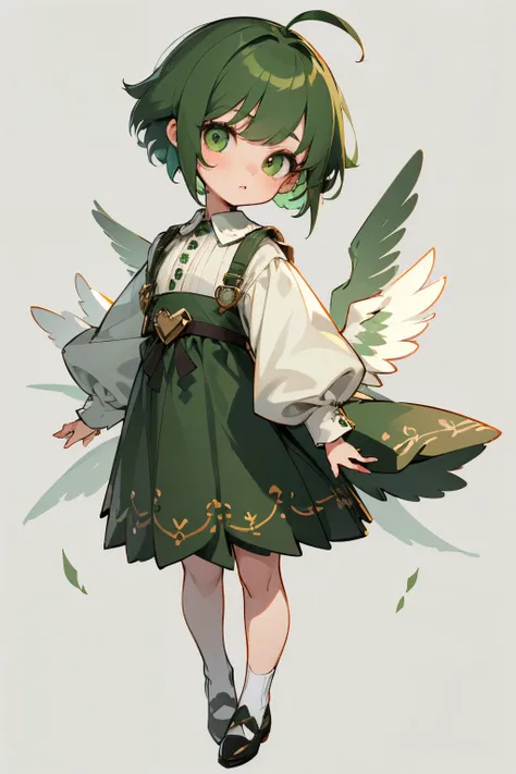 girl, full body, bird character, bird style wings, cute, catoon style, chibi style, beautiful face, beautiful eye, high detailed pupil, double eyelid, high quality skin, green color hair, very short cut hair, white clothes, masterpiece,