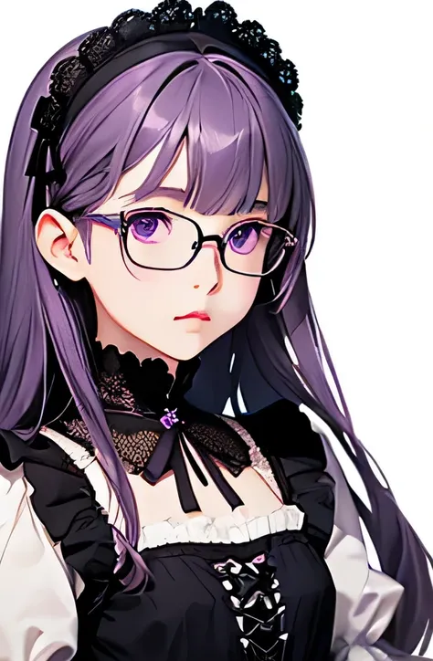 highest quality、realistic、Japanese、girl、zoom、look up、cute、gray eyes、princess cut、long hair、glasses、purple hair、Gothic Lolita、bust shot、slender、small breasts