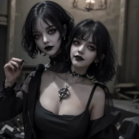 (masterpiece, 8k, best quality:1.2), Woman in her 20s, gothic style, goth, black lips, dark black eyeliner, round bangs, Short hair, perm, black long nails, black choker necklace, scary laugh, Inside a dark abandoned hospital, Candlelight, pentagram