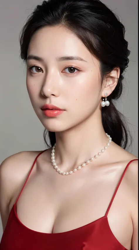 ((highest quality, 8K, portrait photography: 1.3)), (viewer display), photorealism,  sharp focus, alone, beauty products,medium long hair,Pearl necklace、pearl earrings、 emphasize the chest, medium breasts,(deep red dress)，30 years old、flower background