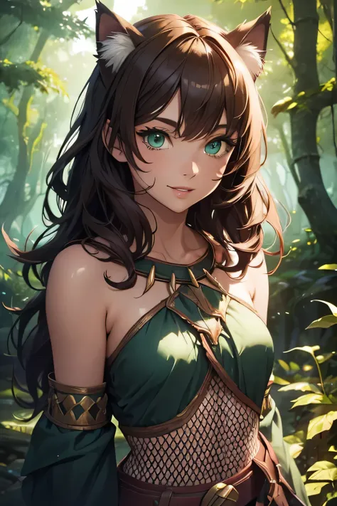 Fantasy setting, forest,Green Eyes, 1 girl, solo, real, top quality, photorealistic, masterpiece, 8K, solo, hd face, soft lighting, ((daytime)), sky, (looking at camera), (portrait: 0.6), full-body, (medium hair), brown hair: 1.3, lips, bright smile, Float...