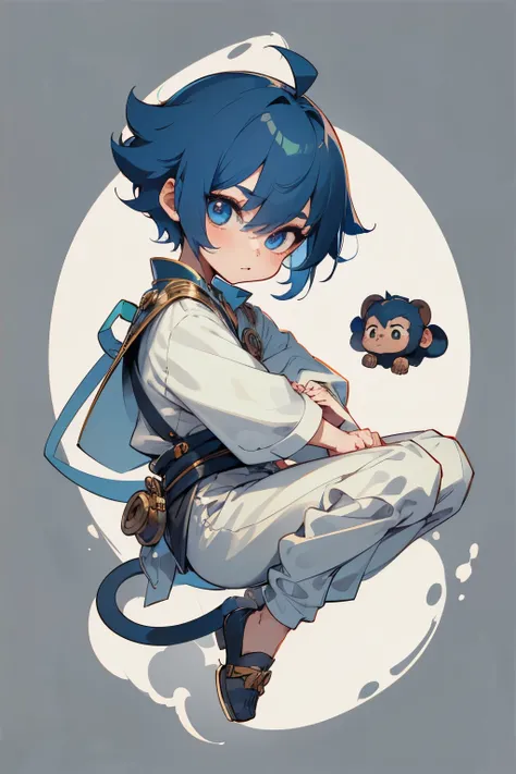 boy, full body, monkey character, monkey style tail, cute, catoon style, chibi style, beautiful face, beautiful eye, high detailed pupil, double eyelid, high quality skin, blue color hair, very short cut hair, white clothes, masterpiece,