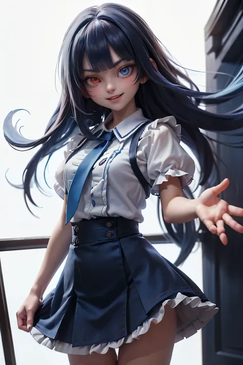 (1 cute girl:1.1), (16 years old), (indigo blue hair:1.15), straight hair, (asymmetrical bangs:1.15), (narrow eyes:1.1), (half-closed eyes), (heterochromia:1.2), (red eye and blue eye:1.2), joyful, (evil smile:1.1), (open mouth:1.1), Focus on Face, (spread...