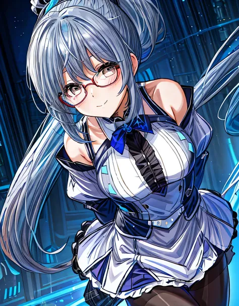 1 girl、solo、(((blue and silver hair、right ponytail)))、chest、look at the viewer、blush、smile、hair accessories、、busty、whole body、pa...