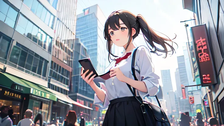 A beautiful girl in adult casual clothing is looking for a destination while looking at a map on a smartphone in the city. Please show a beautiful girl walking and looking up at the building from the perspective of looking up at the sky from below.