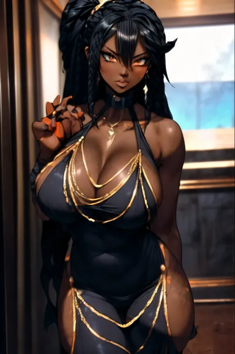 ((*Masterpiece, best quality))), (Sassy, is a sensuous statuesque short-stack black Afro-American woman with very dark skin . She has a heart-shaped face, a Nubian nose, and black braided urban hair. Her big hooded orange-gold heterochromia eyes wield cres...