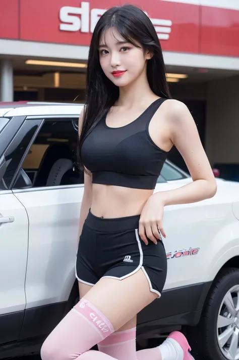 (8K), (highest quality: 1.2), (realistic), (realistic: 1.37), ultra high resolution, (1 girl, cute, smile, closed mouth, thick lips,red lip,beautiful details, beautiful nose, (straight black hair), smooth hair,giant dulcefo, self snap,(pink sports bra),(Bi...