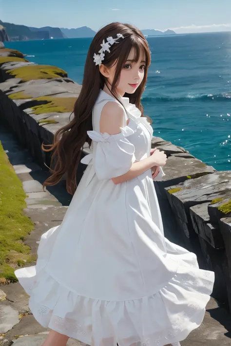 Fluffy white dress、White rock coast、long hair、Flying Girl