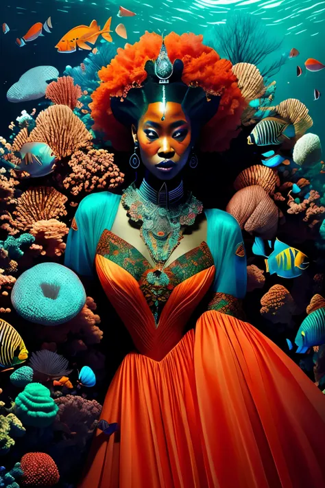 in the enchanting underwater realm of the red dream world, a stunningly beautiful curvy black woman is captured in an exquisite ...