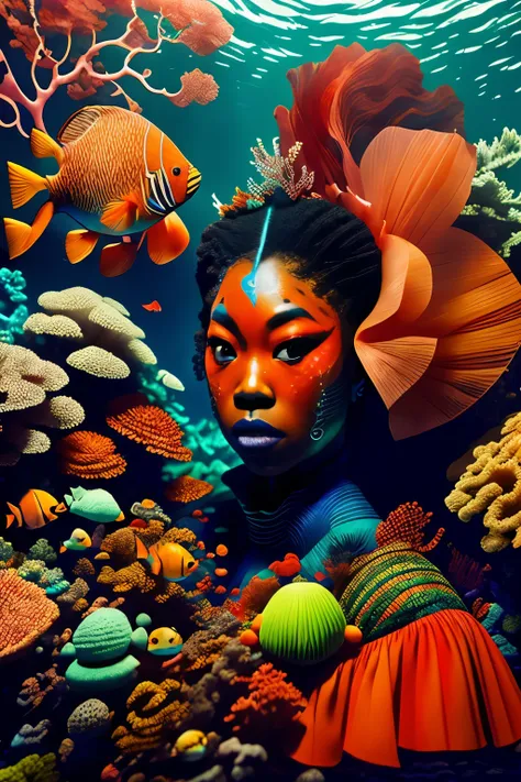 in the enchanting underwater realm of the red dream world, a stunningly beautiful curvy black woman clad in a vibrant red dress ...