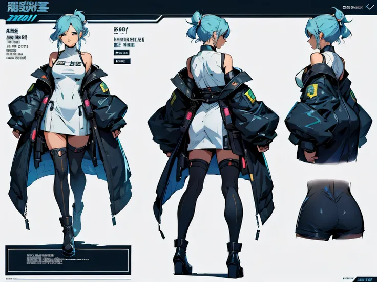 Close-up of a girl in a android costume, ((character concept art)), ((character design sheet, same character, front, side, back))　blade runner 2049 character art, comic character design, manga character design , joi, low-cut dress with ribbon decoration, p...