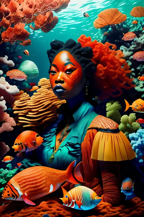 in the enchanting underwater realm of the red dream world, a stunningly beautiful curvy black woman clad in a vibrant red dress ...