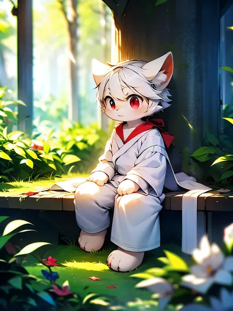 alone，mage，male，adult，white wolf，Light blue and white hair，red eyes，white robe，Gold diamond pattern，White trousers，white plush paws，serious expression，White stuffed tail，mystery，powerful，bright and lively eyes（A masterpiece）（high quality）（clear structure）（...