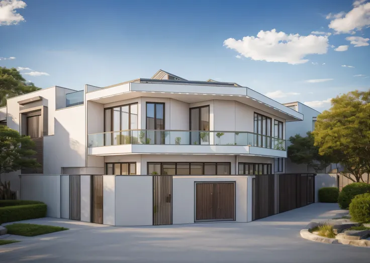 perspective modern townhouse, daytime, realistic, wide angle, (( photorealistic )), blue sky, morning, sunlight, European plants, render, spring light, detailed, modern style, clear image, glasses, high reflection, street front, Garden, side road, marble, ...