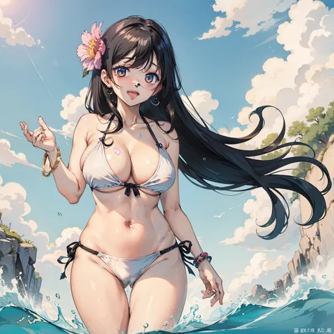 masterpiece,high resolution,breast, 双臂放exist背后,swimsuit, 1 girl, bikini, white_bikini, cloud, animal_ear, blue_sky空, ocean, sky空, hair_decoration, wexister, Black_hair, sky, long_hair, bracelet, wading, big deal_breast, jewelry, Smile, watching_exist_audie...