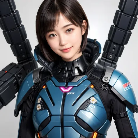 207 Short Hair, 20 year old female, Floral, gentle smile, futuristic clothes, mechanical suit