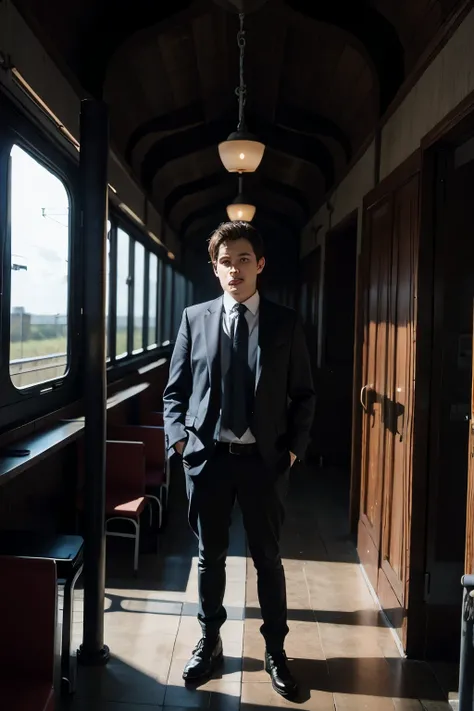 One boy standing above train 