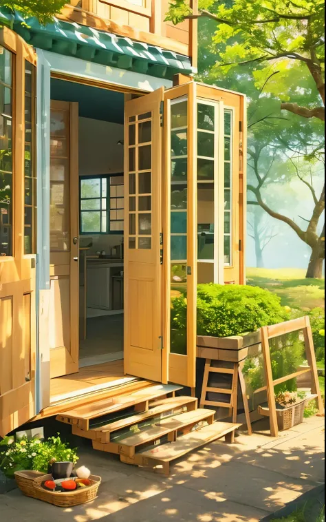 there is a painting, studio ghibli sunshine, anime background art, Summer morning light, summer afternoon, studio glibly Xin Haicheng, afternoon light, afternoon sun, afternoon lights, style of Xin Haicheng, Detailed Landscape—Width 672, Xin Haicheng. high...