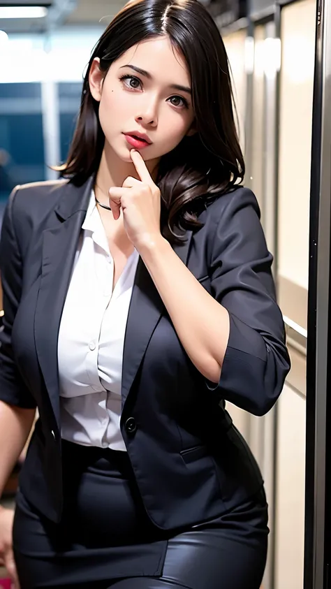 A sexy and plump woman wearing a black suit with a white shirt underneath and a black hip skirt stands in a crowded subway car with her upper body leaning forward, her head looking up at a 45-degree angle, her mouth slightly open.