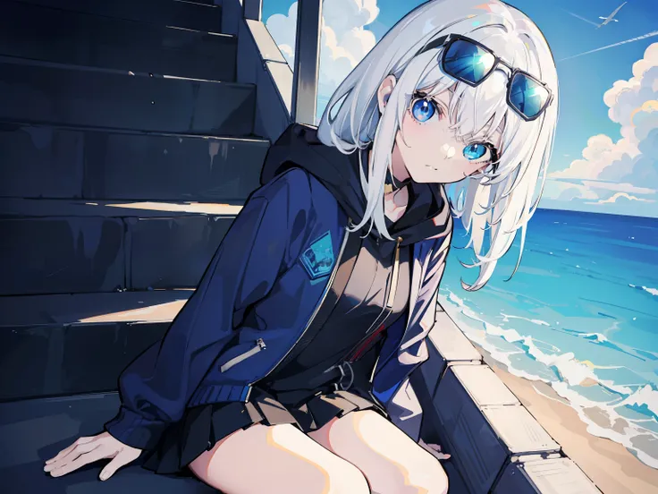 masutepiece,ighly detailed,1 girl,Solo,White hair,Blue Eyes,,Sunglasses,black sock,Blue sunglasses、Perched on a few flights of stairs、Defiantly、Blue motif