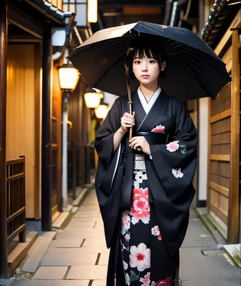 Kyoto、Gion、girl、black hair、alone、whole body、Kimono appearance、Japanese Umbrella