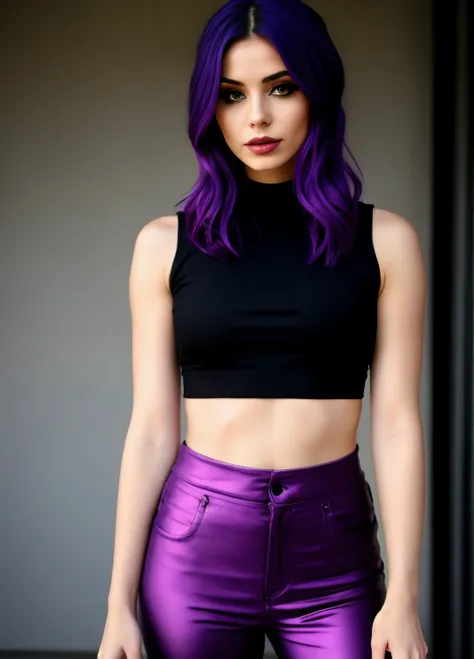 femme, fit, busty, emo-goth, violet hair, jupe et crop top