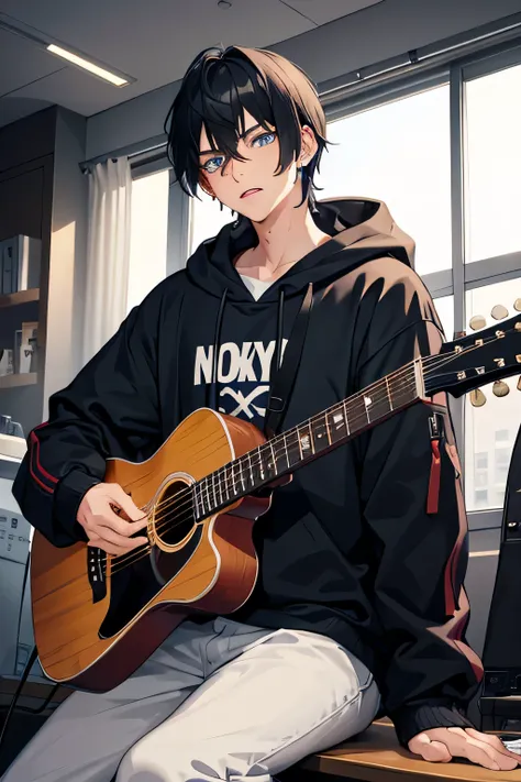 1boy,New York yaknees baseball hoodie,blue eyes,black hair,mullet haircut,sing while playing the guitar
