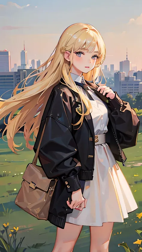 (A couple, beautiful blonde girl and beautiful brunette girl.) Modern clothing. Blushing, modern clothing. Meadow with a city scape far off the background