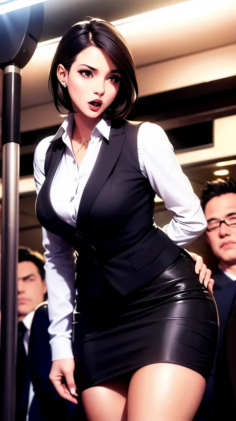 A slim woman wearing a black suit with a white shirt underneath and a black hip skirt stands in a crowded subway car, leaning forward with her head 45 degrees and looking up with her mouth slightly open.